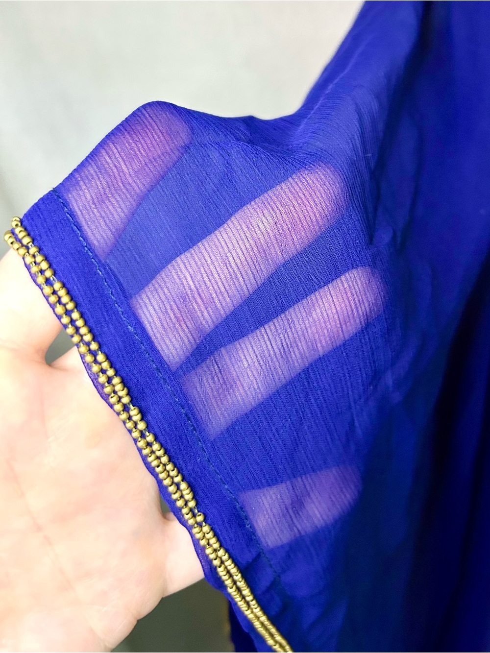 Royal Blue Sheer Hand Beaded Gold, Multicolor Farasha Kaftan Gown, Free Size - Picture 6 of 17